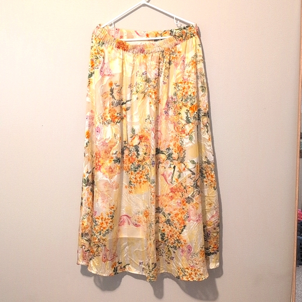 Flint & Moss Maxi Skirt yellow Floral Spring Summer Print Stretchy Waist XL